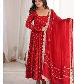 red embroidered chinon silk full stitched anarkali suit