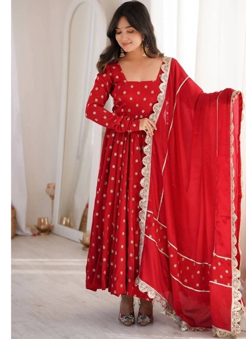 red embroidered chinon silk full stitched anarkali suit