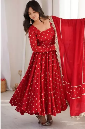 red embroidered chinon silk full stitched anarkali suit