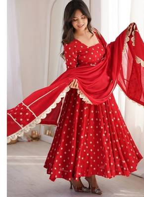 red embroidered chinon silk full stitched anarkali suit 3