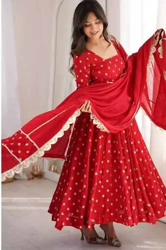 red embroidered chinon silk full stitched anarkali suit