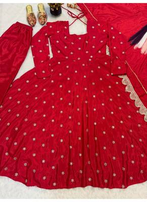 red embroidered chinon silk full stitched anarkali suit 4