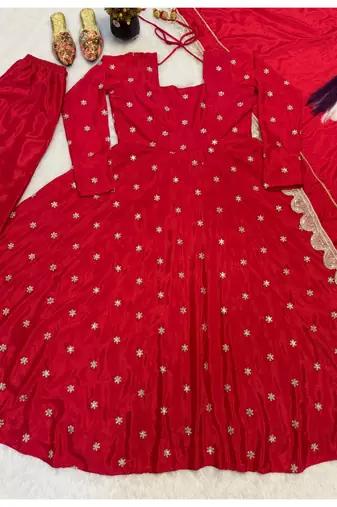 red embroidered chinon silk full stitched anarkali suit