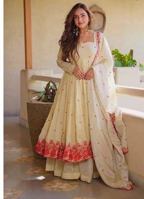 cream embroidered cosmos silk full stitched anarkali suit 1