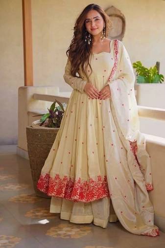 cream embroidered cosmos silk full stitched anarkali suit