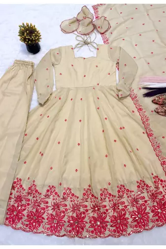 cream embroidered cosmos silk full stitched anarkali suit