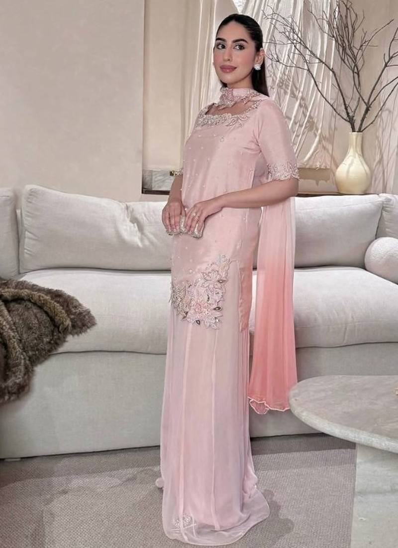 baby pink embroidered fendy full stitched sharara palazzo
