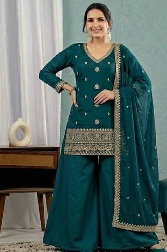 teal blue embroidered roman silk full stitched sharara palazzo