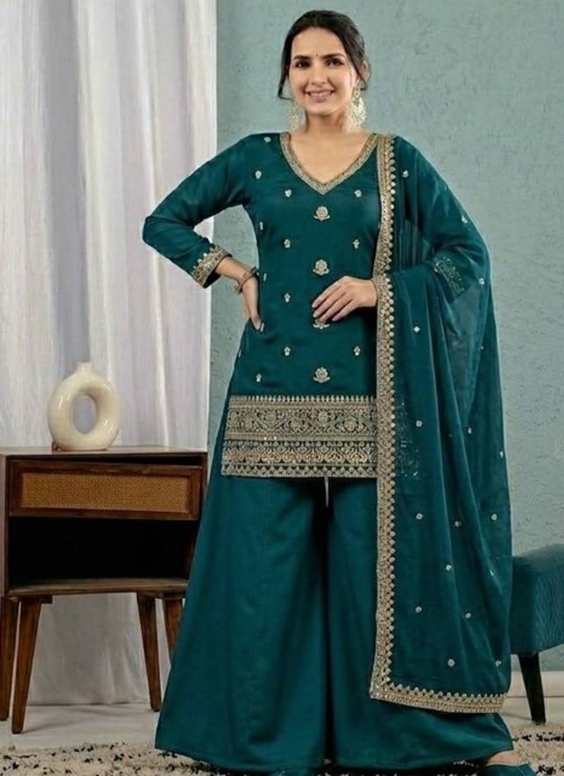 teal blue embroidered roman silk full stitched sharara palazzo