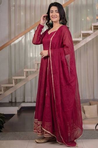 rani pink embroidered crunchy silk full stitched anarkali suit