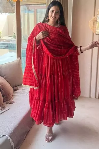 red embroidered brocade full stitched anarkali suit