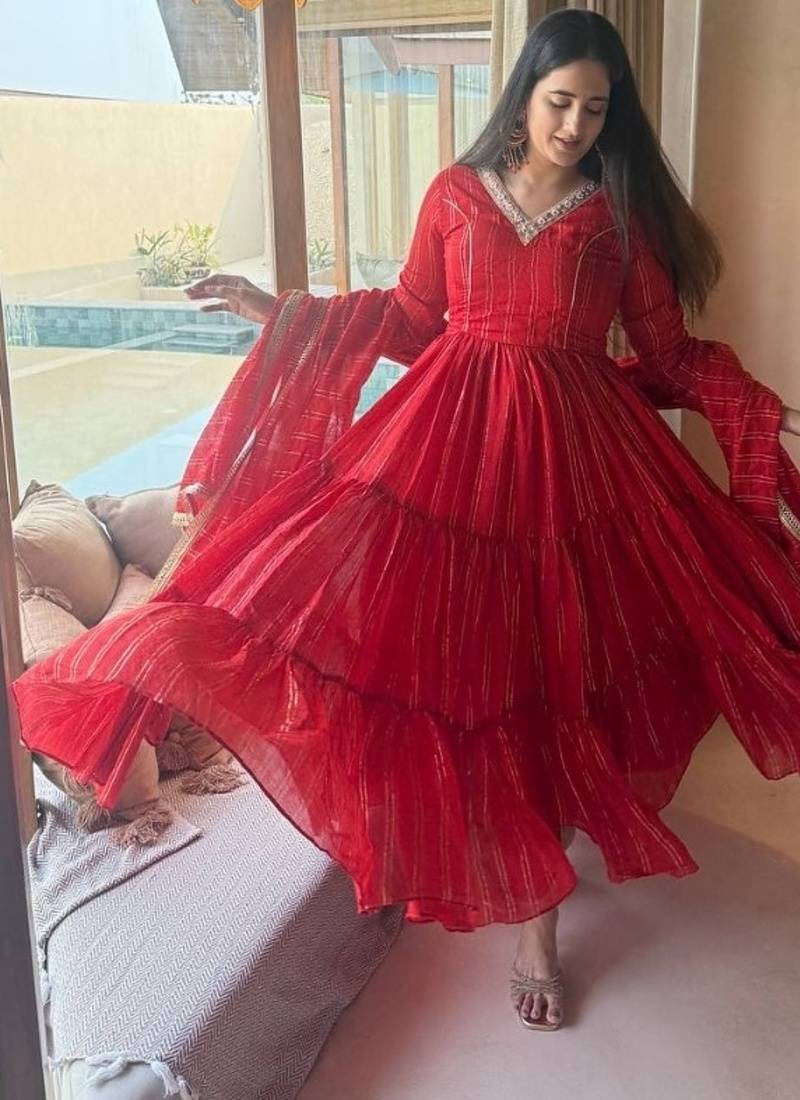 red embroidered brocade full stitched anarkali suit