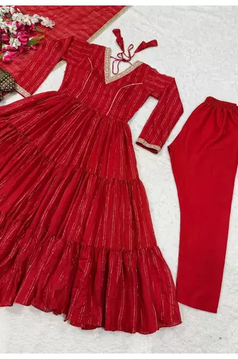 red embroidered brocade full stitched anarkali suit