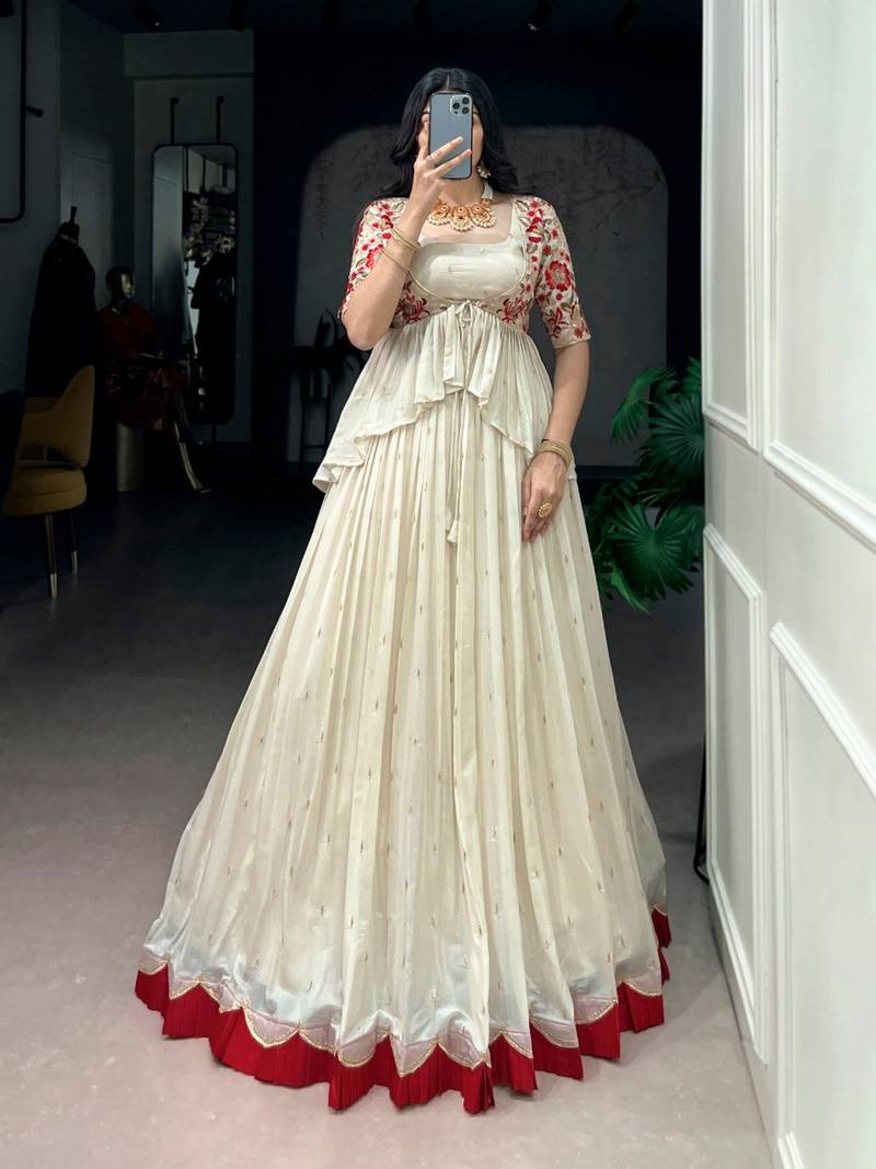 Off White Sequins & Thread Embroidery Work Chocolate Silk Lehenga Choli with Koti