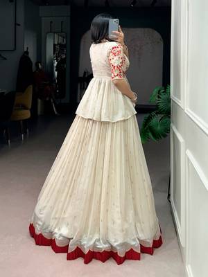 Off White Sequins & Thread Embroidery Work Chocolate Silk Lehenga Choli with Koti 3