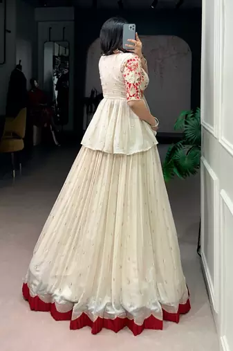 Off White Sequins & Thread Embroidery Work Chocolate Silk Lehenga Choli with Koti