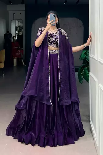 Purple Beads & Sequins Embroidery Lehenga Choli with Shrug