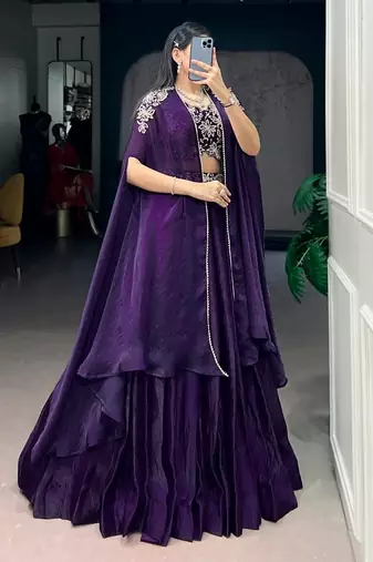 Purple Beads & Sequins Embroidery Lehenga Choli with Shrug