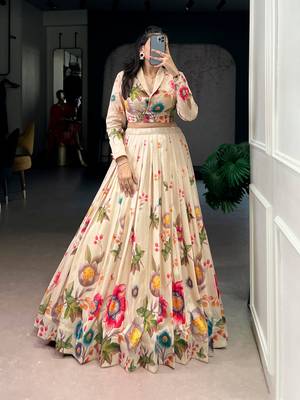 Cream Floral Print Lehenga with Designer Blouse 1