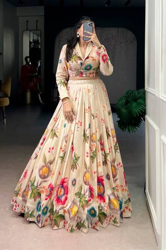 Cream Floral Print Lehenga with Designer Blouse