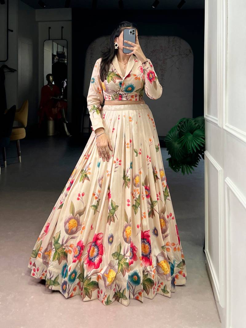 Cream Floral Print Lehenga with Designer Blouse