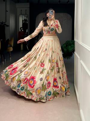 Cream Floral Print Lehenga with Designer Blouse 2