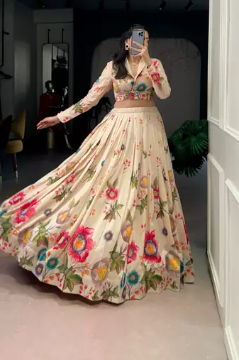 Cream Floral Print Lehenga with Designer Blouse