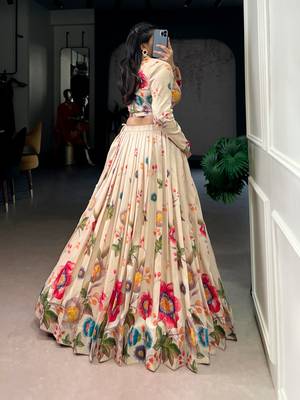 Cream Floral Print Lehenga with Designer Blouse 3