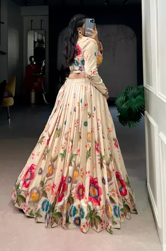 Cream Floral Print Lehenga with Designer Blouse