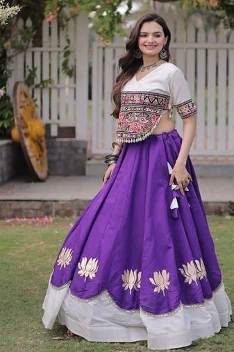 Purple & White Gamthi Embroidered Foil Print Rayon Flared Lehenga Choli Set
