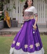 Purple & White Gamthi Embroidered Foil Print Rayon Flared Lehenga Choli Set