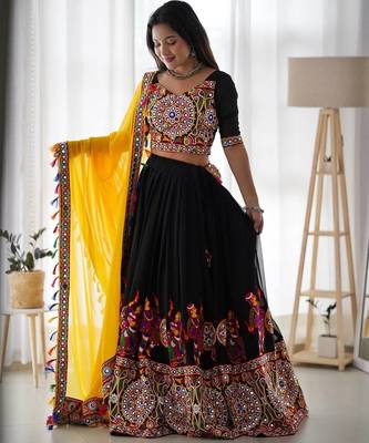 Black Chain stitch & Mirror work Georgette Lehenga Choli Set with Dupatta 1