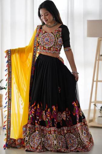 Black Chain stitch & Mirror work Georgette Lehenga Choli Set with Dupatta