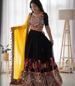 Black Chain stitch & Mirror work Georgette Lehenga Choli Set with Dupatta