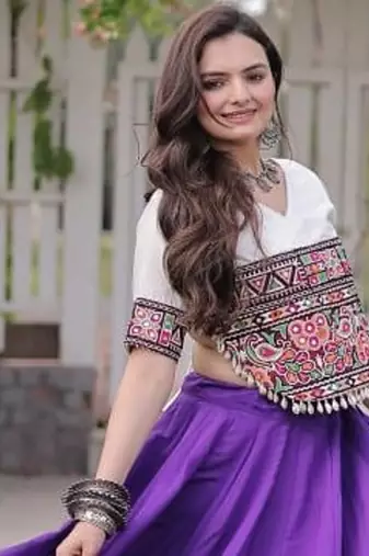 Purple & White Gamthi Embroidered Foil Print Rayon Flared Lehenga Choli Set