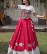 Pink & White Gamthi Embroidered Foil Print Rayon Flared Lehenga Choli Set