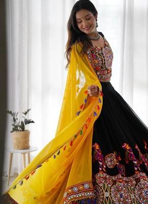 Black Chain stitch & Mirror work Georgette Lehenga Choli Set with Dupatta 3