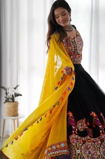 Black Chain stitch & Mirror work Georgette Lehenga Choli Set with Dupatta