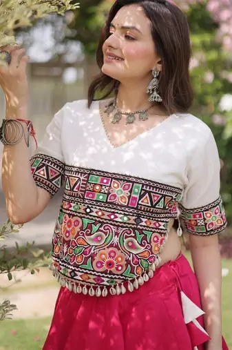 Pink & White Gamthi Embroidered Foil Print Rayon Flared Lehenga Choli Set