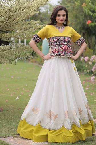 White & Yellow Gamthi Embroidered Foil Print Rayon Flared Lehenga Choli Set