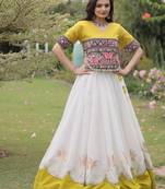 White & Yellow Gamthi Embroidered Foil Print Rayon Flared Lehenga Choli Set