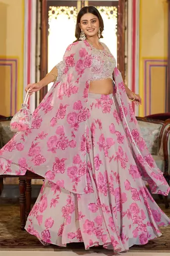 Pink Sequins & Beads Embroidery Georgette Lehenga Choli with Cape Style Dupatta