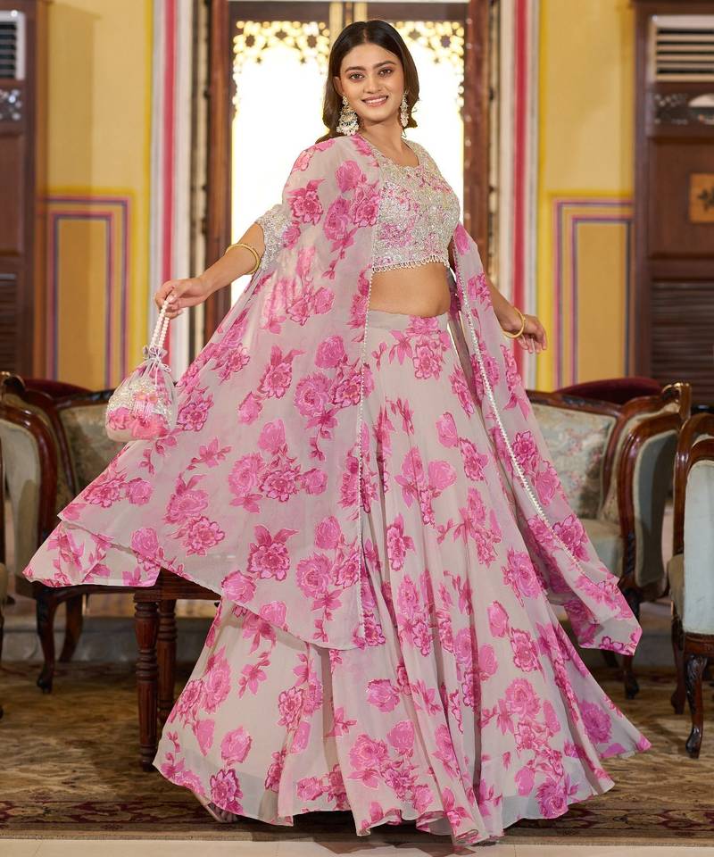 Pink Sequins & Beads Embroidery Georgette Lehenga Choli with Cape Style Dupatta