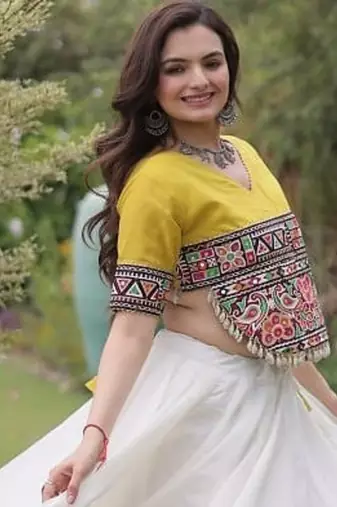 White & Yellow Gamthi Embroidered Foil Print Rayon Flared Lehenga Choli Set
