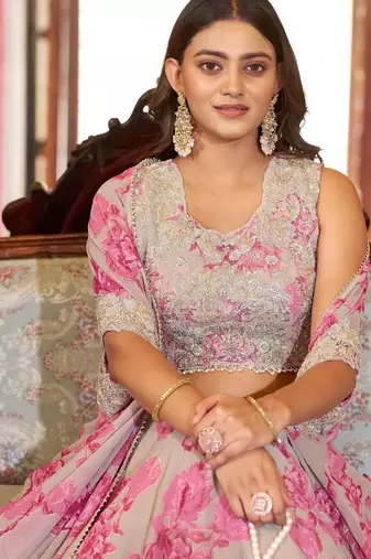 Pink Sequins & Beads Embroidery Georgette Lehenga Choli with Cape Style Dupatta