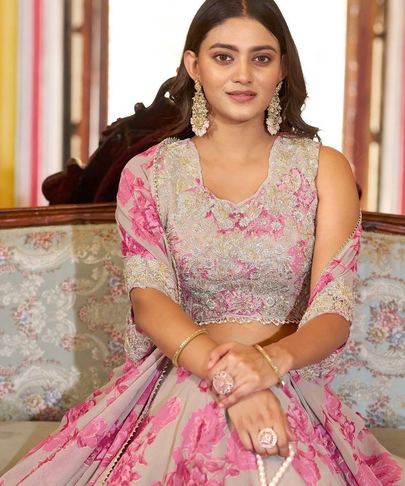 Pink Sequins & Beads Embroidery Georgette Lehenga Choli with Cape Style Dupatta