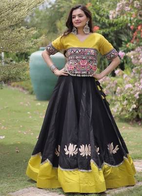 Black & Yellow Gamthi Embroidered Foil Print Rayon Flared Lehenga Choli Set 1