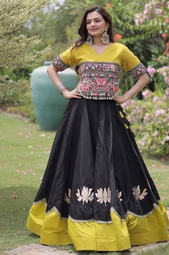 Black & Yellow Gamthi Embroidered Foil Print Rayon Flared Lehenga Choli Set