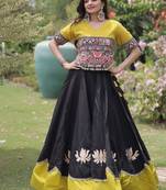 Black & Yellow Gamthi Embroidered Foil Print Rayon Flared Lehenga Choli Set