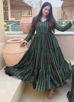 green embroidered brocade full stitched anarkali suit 3